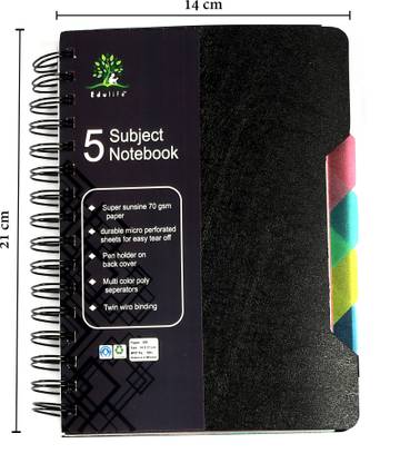 Edulife Black PP Five Subject B5 Notebook Ruled 300 Pages
