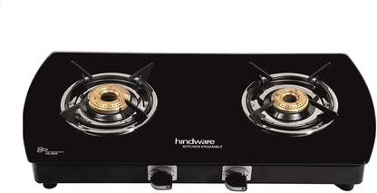Hindware Bruno Gas Stoves 2 Burners Glass Manually Ignition Start With Crystal Designer Look WithToughened Glass, 360 Inlet Nozzle Glass Manual Gas Stove