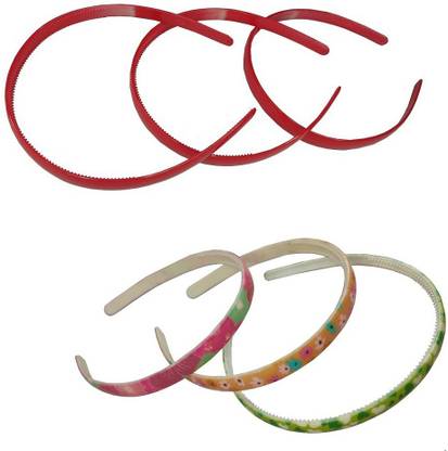 Uniqon Combo Set Of 6 Pcs Flexible Lightweight Hair Stylish Plastic (Big) Multi Pattern Design Printed And Big Red Plain Design Convenient Daily Use Hair Band/Head Band For Women's & Girl's hair combo