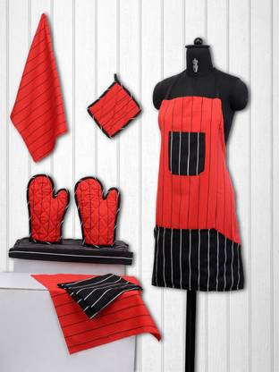 SWAYAM Black, Red Cotton Kitchen Linen Set