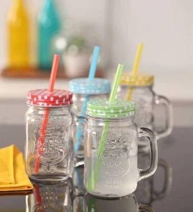 Treasurer Jar Bottle with Handle, Colored Cap Lid & Straw for Juice / Cocktail / Mocktail Glass Glass Mason Jar
