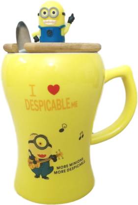 BONZEAL Kids Cartoon Minion Coffee Cup With Lid And Spoon Teacup Set Birthday Gift for Children Brother Sister Ceramic Coffee Mug