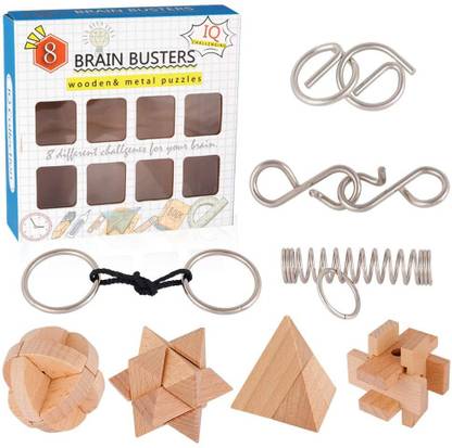 CrazyBuy Wooden and Metal Puzzles Brain Teasers Set of 8, Mind Game Wire Unlock Interlock IQ Hand Puzzle Toys Party Favor Gifts for Kids Adults All Ages Challenge