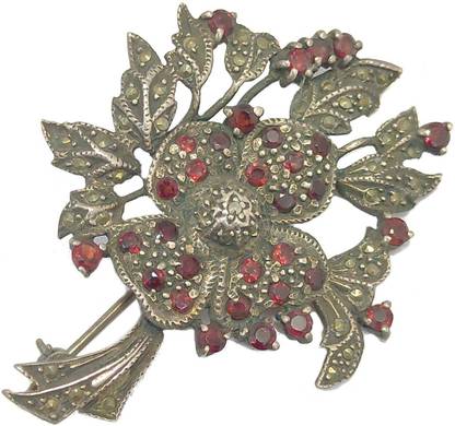 PH Artistic Handmade Flower Brooch Oxidized 925 Sterling Silver Marcasite and Red Stones C Brooch