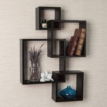 Artesia Wall Mount Set of 4 Black Wall Shelves Storage Rack Shelves Wooden Wall Shelf