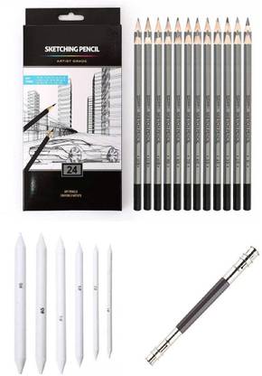 Definite Set of 24 Degree Graphite Pencils (14B, 12B, 10B, 9B, 8B, 7B, 6B, 5B, 4B, 3B, 2B, B, HB, F, H - 9H) , Set of 6 White Paper Art Blending Stumps and One 13cm Twin Side Pencil Extender