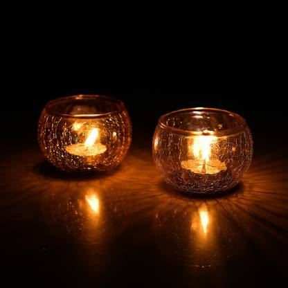 Flipkart SmartBuy Moroccan Yellow Glass Crackle Mosaic Candle Holder, Tea Light holder Votive, Set of 2 Glass Tealight Holder