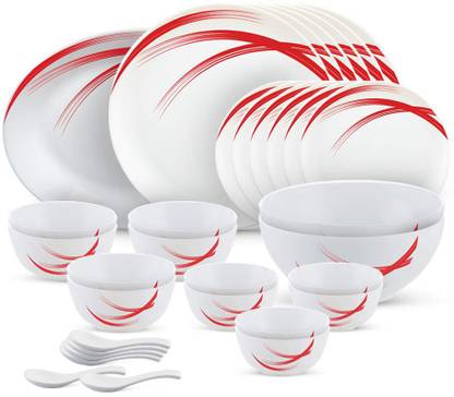Larah by Borosil Pack of 33 Opalware Design Moon Series RED STELLA [[ Full Plate - 6 Pcs || Quarter Plate - 6 Pcs || Veg Bowl - 6 Pcs || Soup Bowl - 6 Pcs || Serving Bowl - 2 Pcs || Rice Plate - 1 Pcs || Dinner Spoon - 6 Pcs ]] Dinner Set
