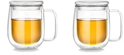 Bhaguji Double Wall Heat Resistant Glass Cup Light Weight With Glass Lid 250ml Glass Coffee Mug