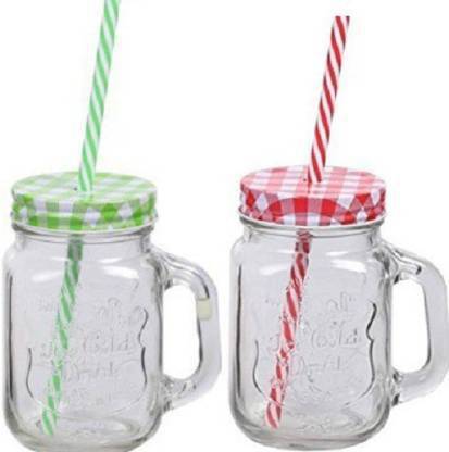 Sai Enterprises sai_enterprise NEW ARRIVAL Mason Jar with Lid and Straw(450 ml)suitable to use in your home office ,jars for juices /glass jars set /glass jars for kitchen /glass jar containers /glass jar for gift /glass jar /mason glass jar without hole/ (2) Glass (450, Pack of 2) Glass Mason Jar