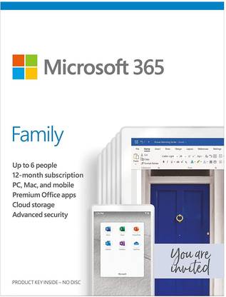 MICROSOFT 365 Family - 12-Month Subscription, 6 Users | (Activation Key Card | NO CD/DVD) Premium Office apps, including Word, Excel, PowerPoint, Outlook. Each person will receive 1 TB of OneDrive cloud storage with advanced security and more, all in one convenient subscription | Premium Office apps - 1TB OneDrive cloud storage - PC/Mac Keycard| Windows, macOS, iOS, and Android |1 TB OneDrive cloud storage per person to back up files and photos | Share with your family – up to 6 people | 1 TB OneDrive cloud storage to back up files and photos Works on Windows, macOS, iOS, and Android (iOS and Android require separate app installation) Advance security for email and files; ongoing technical support; annual subscription