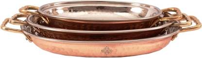 इंडियानार्टविला Set of 3 Steel Copper Dish Serving Platter Oval Plate with Brass Handle - Home Hotel Restaurant Tableware ट्रे