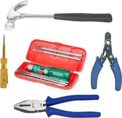 Plumcot Multi Hand Tool Kit 10 Pc. - Combination Side Cutting Plier 8", Claw Hammer 1/2 LB Tubular Steel Handle with Rubber Grip, 5 Pc. Set of Screw Driver Kit, Wire Stripper 6", Screw Driver Tester with Neon Bulb Curved Claw Hammer