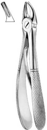 NMD Tooth Extraction Forceps Upper Premolars, No.7 (1/102) is an extraction forcep used in extraction of upper premolars both right & left. Extraction Forceps is a perfect need for extractions in minor oral surgery. Tooth Extracting forceps are used to extract tooth designed for use in specific areas of the mouth. The beak is shaped to confirm snugly to the contour of the tooth. This makes it easier to reach different teeth effectively.Dental forcpes handles are shaped so that a maximum amount of force can be applied to the beaks, while the handles are still in a comfortable position for the oral surgeon. - Designed for extraction of upper premolars 4 5 - Handles are curved - Two bends present - Heavy blades - Space between the blades - Contoured outer surface of handle to allow good grip - Concavity of handle fits on the operator's hand with the concavity of blades towards occlusal surface. - Beaks are applied labially and palatally - Components of forcep – Handle Hinge Beak Surgical Plier