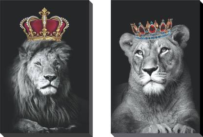 DecoDrama Lion Lioness Animal Wall Painting for Couple, Bedroom Framed On 6mm MDF Board. Set of 2 Digital Reprint 12 inch x 18 inch Painting