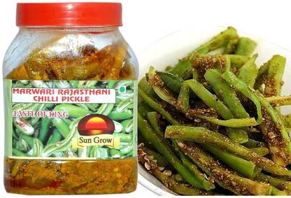 Sun Grow Organic Homemade Marwadi Rajasthani Green Chilli Pickle Without Oil Lambi Hari Mirch Ka Achar (The Real Taste Of Rajasthani Pickles) 1Kg Green Chilli Pickle