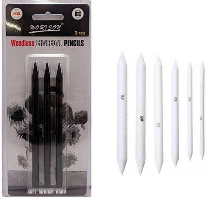 WORISON Woodless Charcoal Hard Medium and Soft Pencil with White Paper Stumps Blender or Tortillon Pencil