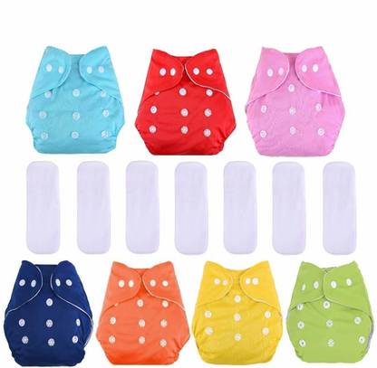Grandvilla Baby All in One Washable Reusable Adjustable Cloth Diapers with 5 Layers Bamboo Charcoal Diaper Insert (Assorted Colours, 7 Diapper + 7 Inserts)