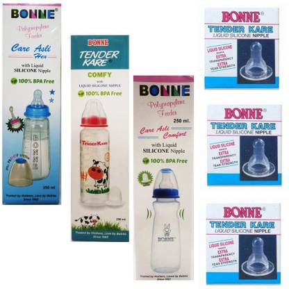 BONNE Mix Combo Feeding Bottles (250ml*3) with set of 3 Nipples - 250 ml