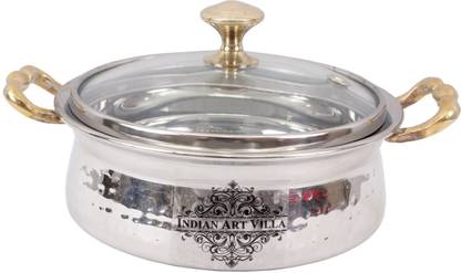 IndianArtVilla 2.0" X 6.0" Stainless Steel Serving Handi Bowl with Glass Lid 425 ML - Serving Dishes Chicken Briyani Vegetables Home Hotel Restaurant Tableware Pack of 2 Cook and Serve Casserole