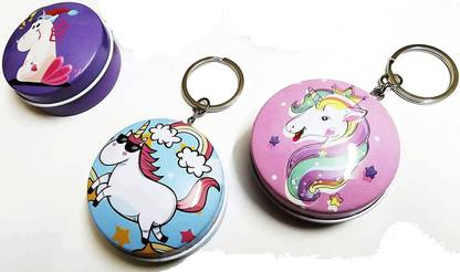 kd collections KD578-(3 Pcs) Unicorn tin Storage Box Keychain|Round Shape Tin Box Keychain|Coin Box Keychain|Mini Storage Box with Key Chain for Small Mini Items Key Chain
