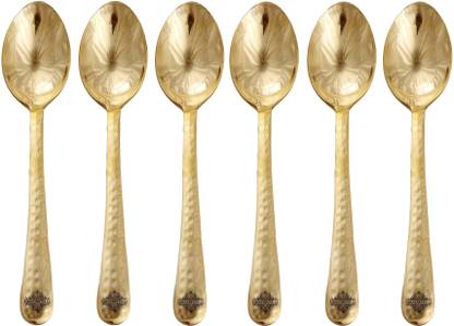 IndianArtVilla Brass Hammered Spoon, Serveware Tableware, Length 7" Inch, 6 Pieces, Gold Brass Serving Spoon Set
