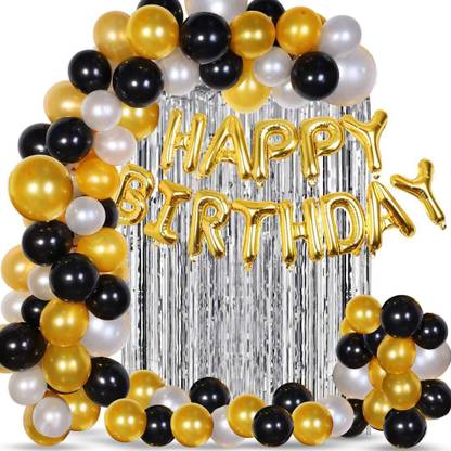 OM Happy Birthday Foil Balloons Set with 2 Pcs Silver Fringe Curtain & 50 Pcs Metallic Balloons Combo