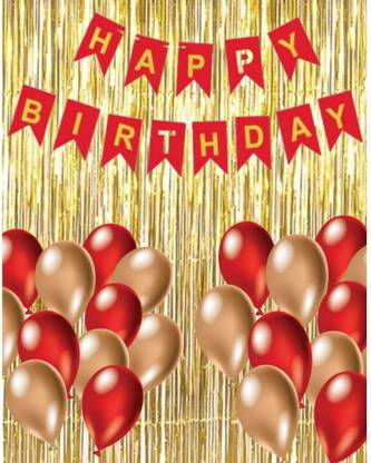 Stufflo Solid Happy Birthday Red Theme Combo Pack I Party Decor I - Pack of 33 (1 pc Red Bunting Banner + 30 Latex Balloons + 2 Fringe Curtains Golden Balloon