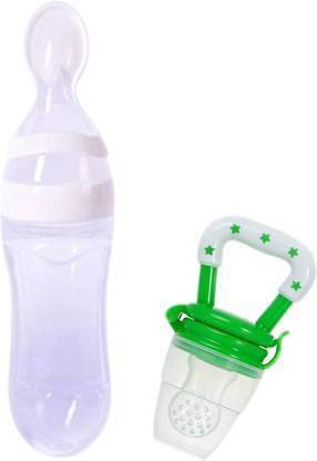 Vadhavan Infant Squeezy Food Grade Silicone Bottle Feeder & Silicone Food Fruit Pacifier/Nibbler/Soother for Babies/Kids/Children (Squeezy Feeder 'White'' + Pacifier 'Green'') (Pack of 2) - Silicone (White & Green)