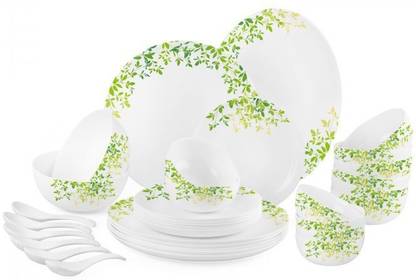 cello Pack of 33 Opalware Royale Green Orchard Dinner Set of 33 pcs || Dinner Plate 11"(6 pcs) || Quarter Plate (6 pcs) || Oval Platter (1 Pcs) || Veg Bowl (6 Pcs) || Soup Bowl (6 pcs) || Serving Bowl Medium (2 Pcs) || Spoon (6 Pcs) Dinner Set