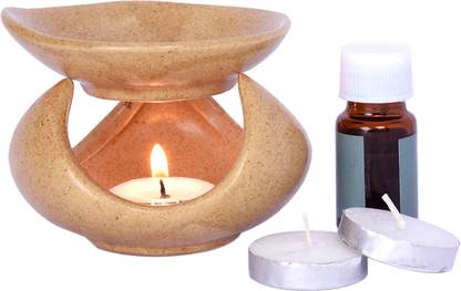 Flipkart Perfect Homes Citrus Diffuser Set Ceramic Tealight Diffuser (Katori Shape )Brown Color with 2 Tealight Candles and 10 ml Fragrance Oil