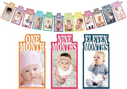 Party Hub 1 to 12 Month Rainbow Baby and Couple Banner with Front Side Photo Space & Sweet Memory Writing Space Back Side of Banner Banner