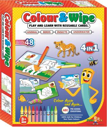 FUNBOX TOYS Colour & Wipe 4 in 1 Kit (Animals, Birds, Insects & Underwater )