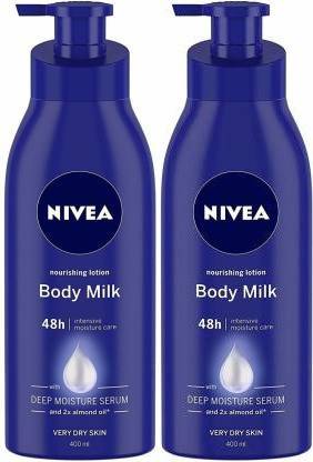 NIVEA Nourishing Lotion Body Milk With Deep Moisturizer Serum and 2x Almond Serum (400ml each, 2 Pack)