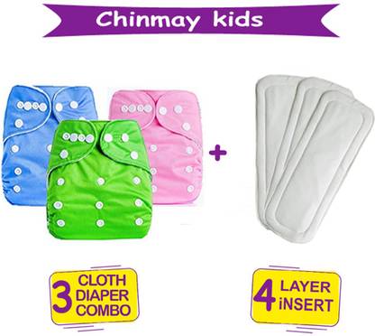 Chinmay Kids Combo of Quirk Reusable Baby Washable Cloth Diaper Nappy with Multi Layered Micro- Fibre Baby Insert Pads(Set of 3) (Multi- Colour)