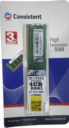Consistent 1600MHZ DDR3 4 GB (Single Channel) PC Ram (RAM 16 Chip)