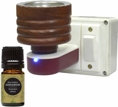 CraftQua Sandalwood Aroma Oil Diffuser Set, Aroma Oil Electric Wooden Kapoordani cum Aroma Oil Diffuser For Fragrance And Ambience|Direct Plug-In Incense Burner/Kapoor Dani|Sturdy High Quality Plug For Better Support Wooden Incense Holder with Sandalwood Aroma Oil 10ml (Brown)
