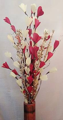 Ansu's Home Decor Bunch of Handmade Dry Palm Leaf Flowers, moti Sticks and Dry Palm Leaves Filler, 60cm Bunch Red, White Dried Sticks Artificial Flower