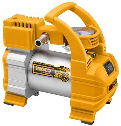 INGCO Air Compressor pressure:140PSI(10Bar) With PCS LED light, 3M cord with cigarette lighter, 1Pcs battery clips & 4pcs nozzle adapters Coil Spring Compressor