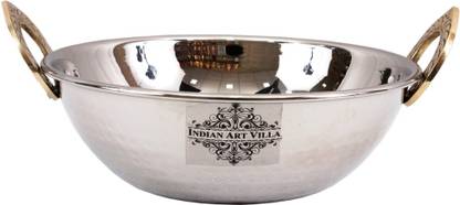 IndianArtVilla 2.5" X 7.0" Handmade Steel Kadhai Karahi Wok with Brass Handle 750 ML - Serving Indian Food Dal Curry Vegetable Home Hotel Restaurant Tableware Kadhai 17.7 cm diameter 0.75 L capacity
