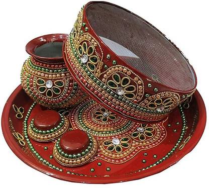 salvusappsolutions Flower Design Mutlicolor Stone Work karwachauth thali for karwa chauth Steel