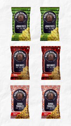 Born Reborn Pack of 6 (2 pouches of Jowar Puffs, Ragi Waves & Quinoa Triangles) (60g each) = 360g