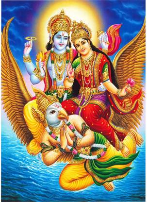 voorkoms 30.48 cm Lord Vishnu and Goddess Lakshmi Mount on Garuda wall sticker 12x18 Inch multicolor Removable Sticker