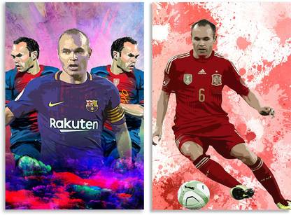 Aggressive Andres Iniesta Oil Painting Inspirational & Quirky Art Design Combo Set of 2 Wall Posters, Posters Frame Not Included, Paper Print (12 inch X 18 inch Rolled) Fine Art Print