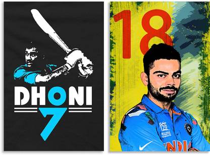 Virat Kohli Oil Paint & MS Dhoni Batting Poster Inspirational Quotes & Quirky Art Design Combo Set of 2 Wall Posters, Posters Frame Not Included, Paper Print (12 inch X18 inch Rolled) Fine Art Print