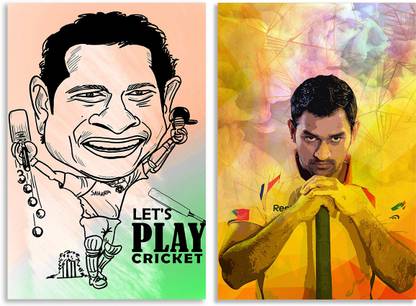 MS Dhoni Abstract Poster & Sachin Tendulkar Cartoon Design Inspirational & Quirky Art Design Combo Set of 2 Wall Posters, Posters Frame Not Included, Paper Print (12 inch X 18 inch Rolled) Fine Art Print
