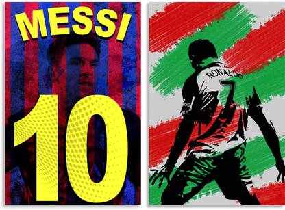 Cristiano Ronaldo CR7 Aggressive Pose & Lionel Messi Poster Inspirational & Quirky Design Combo Set of 2 Wall Posters, Posters Frame Not Included, Paper Print(12 inch X18 inch Rolled) Fine Art Print