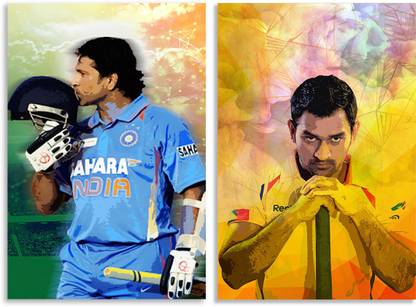 MS Dhoni Abstract Poster & Sachin Tendulkar Poster Inspirational & Quirky Art Design Combo Set of 2 Wall Posters, Posters Frame Not Included, Paper Print Fine Art (12 inch X 18 inch Rolled) Fine Art Print
