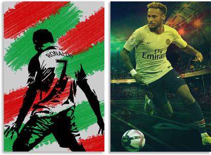 Neymar Kicking Poster & Cristiano Ronaldo CR7 Aggressive Pose Inspirational & Quirky Art Design Combo Set of 2 Wall Posters, Posters Frame Not Included, Paper Print(12 inch X 18 inch Rolled) Fine Art Print