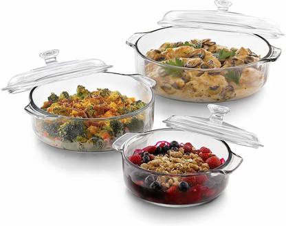 promise plus group Glass Serving Bowl Glass Casserole Deep Round - (1.26 LTR) Oven and Microwave Safe Serving Bowl with Glass Lid Set of (2)